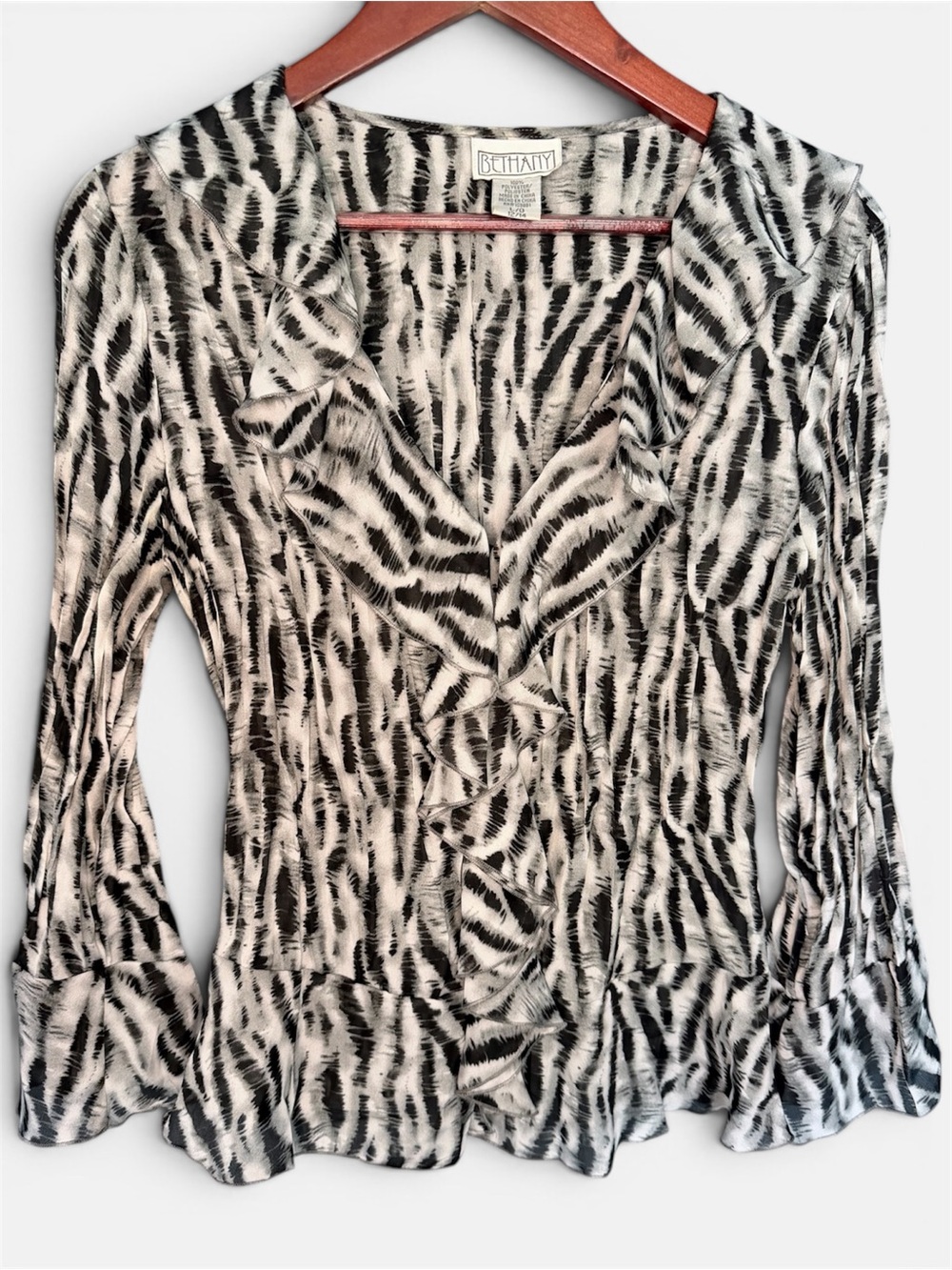 Vintage 90s Bethany Zebra Print Blouse Bell Sleeve, Ruffle Front | Size Large
